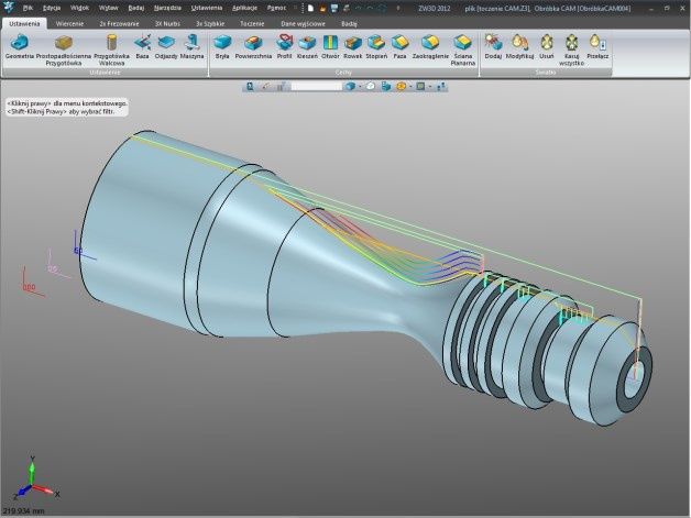 ZW3D pozwala na generowanie G-kodu zarówno na tokarki jak i frezarskie centra obróbcze. [źródło: Datacomp]