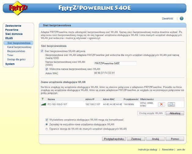 Adapter PLC Fritz!Powerline 540E to nie tylko urządzenie pozwalające na transmisję danych siecią elektryczną, ale bardzo rozbudowany punkt dostępowy WiFi.