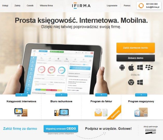 Oferowany przez iFirmę pakiet „Księgowość internetowa” przeznaczony jest dla firm z sektora MSP, przedsiębiorców prowadzących jednoosobową działalność gospodarczą oraz firm działających w ramach spółki osobowej. [źródło: www.ifirma.pl]