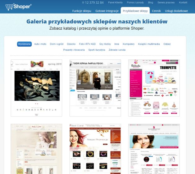 Przykładowe realizacje sklepów internetowych bazujących na systemie Shoper.pl. Lista referencji umieszczona na stronie Shoper.pl