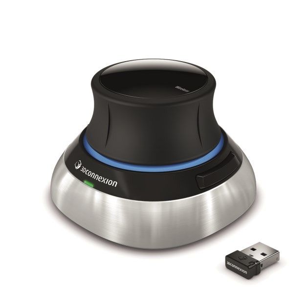 Manipulator SpaceMouse Wireless pozwala użytkownikom na wygodne pozycjonowanie treści 3D i szybkie ustawienie pozycji kamery. Przyciski aktywują zaś 3Dconnexion Radial Menu, które ułatwia dostęp do wybranych czterech komend aplikacji CAD. [źródło: 3Dconnexion]