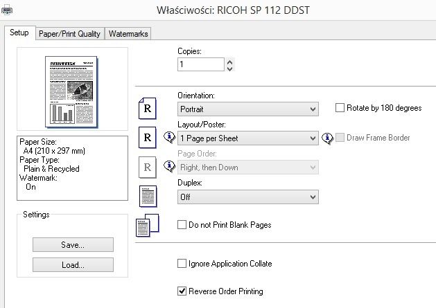 Ricoh SP 112 ustawienia