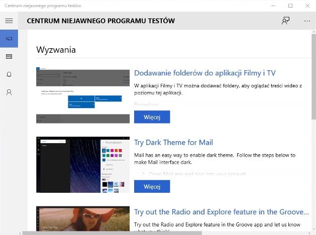 Windows 10 Centrum niejawnego programu testów screen