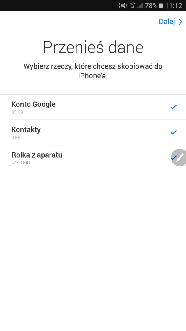 wybór danych Android
