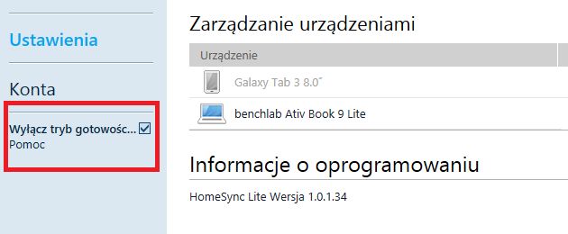 Samsung HomeSync Lite ustawienia tryb gotowosci