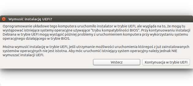 Komunikat Ubuntu dotyczący UEFI podczas instalacji