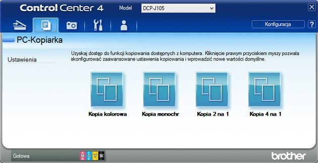 Brother DPC-J105 aplikacja Control Center menu kopiarka