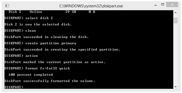 Wpisujemy „format fs=fat32 quick” aby sformatować pendrive-a. Quick oznacza szybkie formatowanie, które w tym przypadku jest wystarczające, a powinno skrócić czas potrzebny na dokończenie tej czynności.