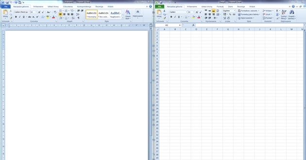 Word i Excel uruchomione obok siebie - zajmują po 50 proc. powierzchni ekranu (Windows 7)