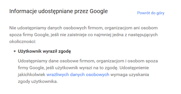 Informacje udostępniane przez Google