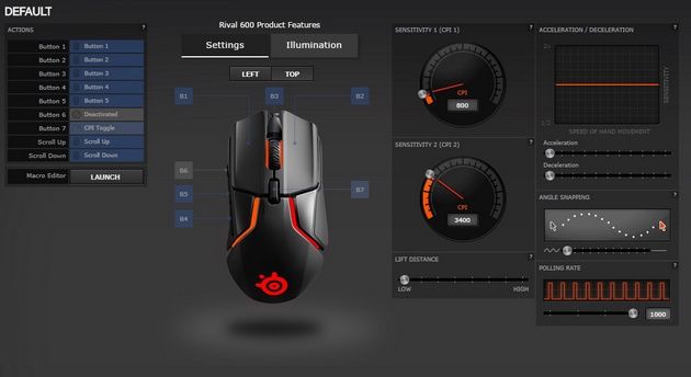 SteelSeries Rival 600 - ekran ustawień w oprogramowaniu myszki