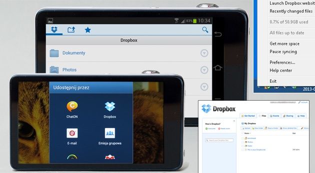 Konto Dropbox interfejs komputer aparat cyfrowy