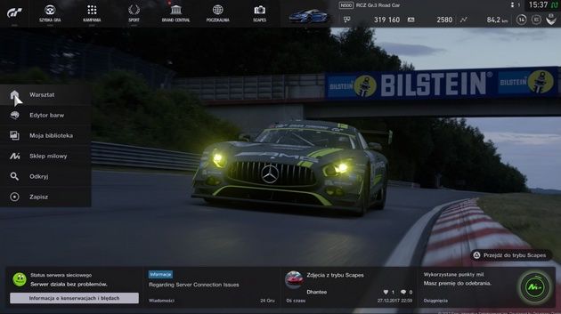 Gran Turismo Sport - ekran tytułowy z poszczególnymi menu