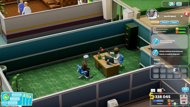 Two Point Hospital - pacjent z garnkiem na głowie