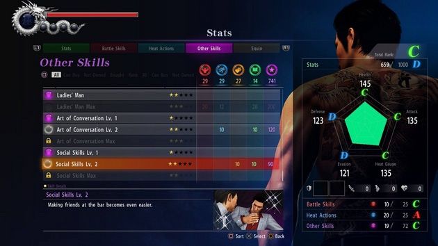 Yakuza 6: The Song of Life - ekran umiejętności