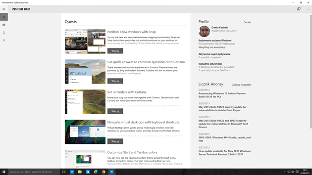 Windows 10 - Poprawiony Insider Hub