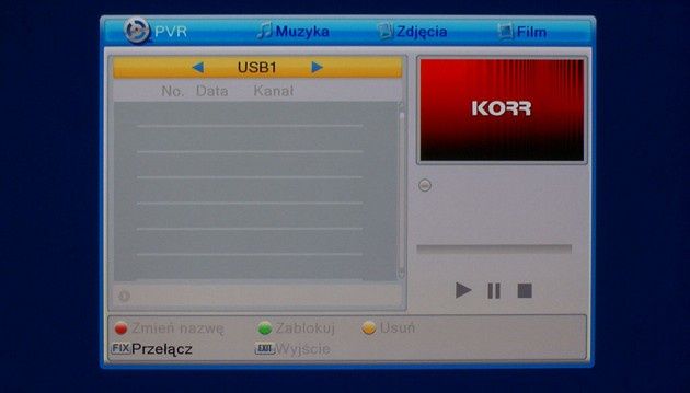 KORR HD 158 - menu PVR