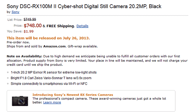 Sony RX100 II na stronie sklepu Amazon.com