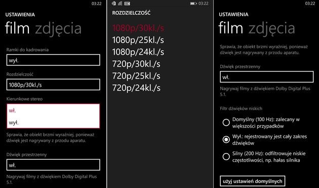Nokia Camera ustawienia film