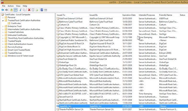 Lenovo Superfish - certyfikat