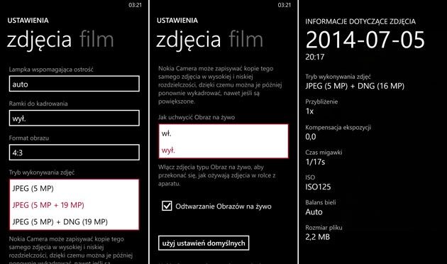 Nokia Camera ustawienia zdjęcia