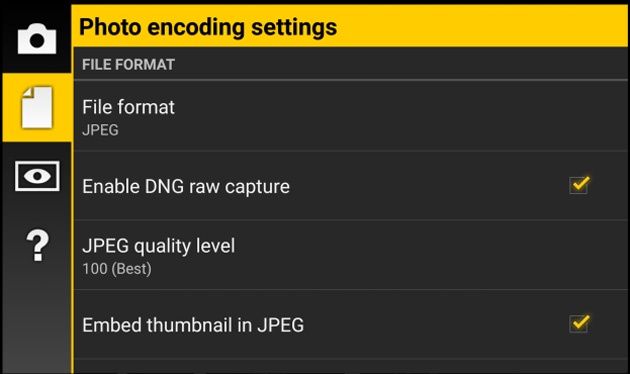 Camera FV-5 opcja DNG menu