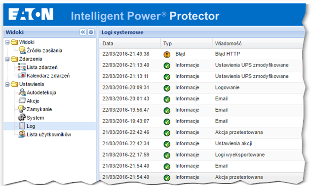 Intelligent Power Protector zakładka log