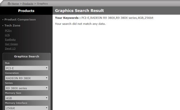 PowerColor Radeon R9 380X - wpis na stronie internetowej