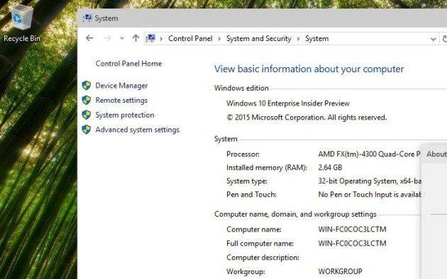 Windows 10 Insider Preview screen