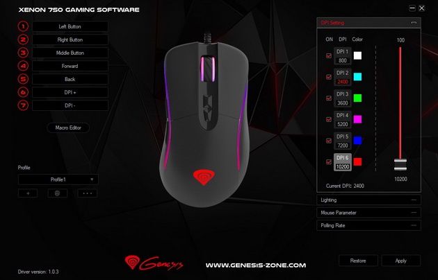 Genesis Xenon 750 - programowanie ustawień DPI