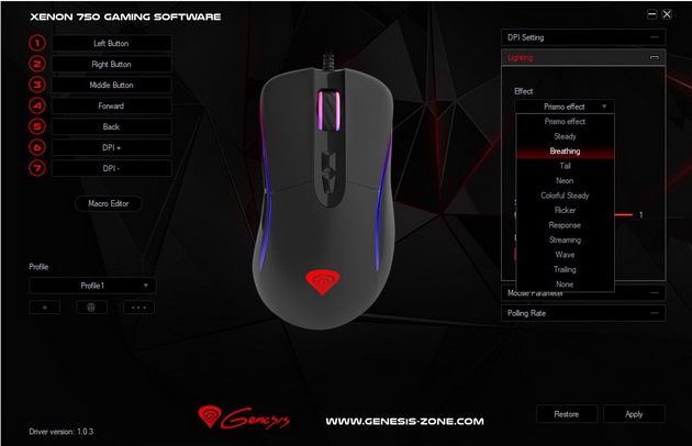Genesis Xenon 750 - ustawienia efektów podświetlenia RGB