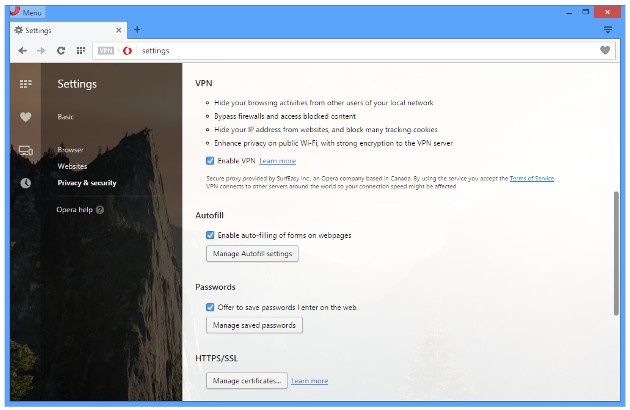 Opera VPN ustawienia