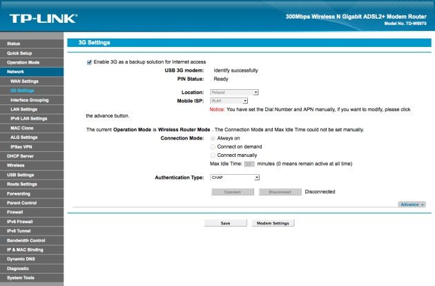 TP-Link TL-W8970N 3g settings
