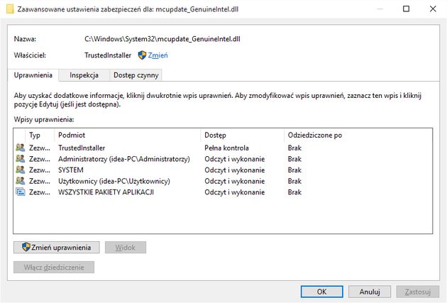 Edycja dostępu do pliku mcupdate_GenuineIntel.dll