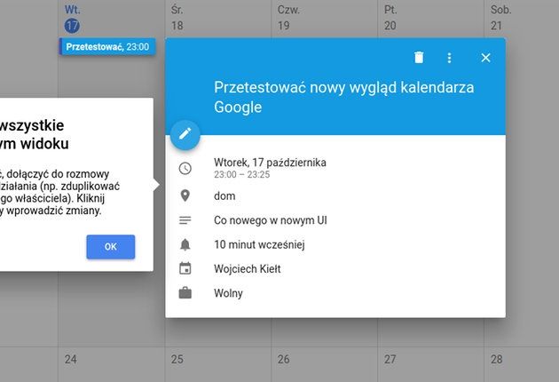 Nowy wygląd kalendarza Google - podgląd wydarzenia