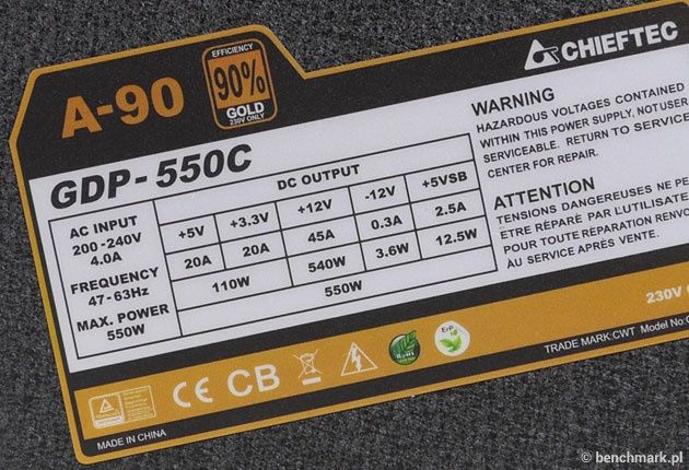 Chieftec A-90 GDP-550C tablica znamionowa