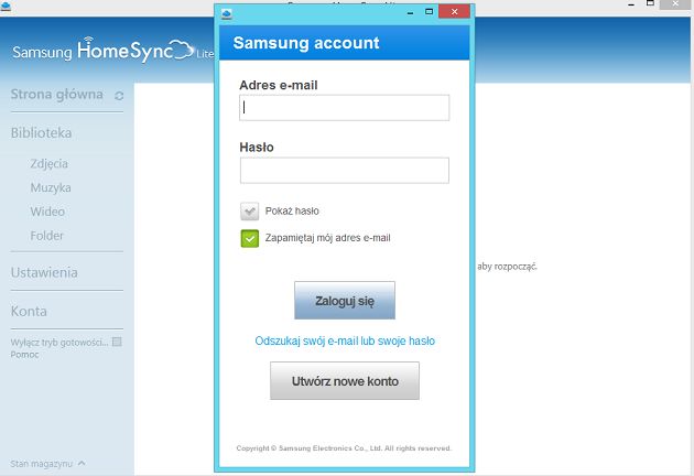 Samsung HomeSync Lite logowanie do konta Samsung