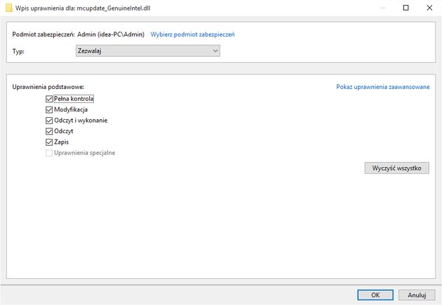 Edycja dostępu do pliku mcupdate_GenuineIntel.dll