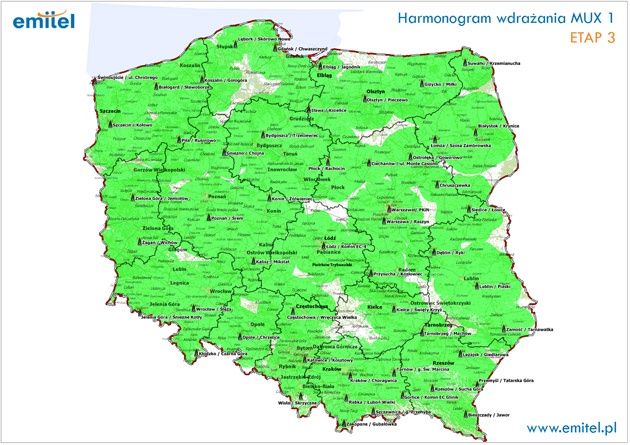 Obecny zasięg multipleksu MUX-1 (stan na 30.09.2012)