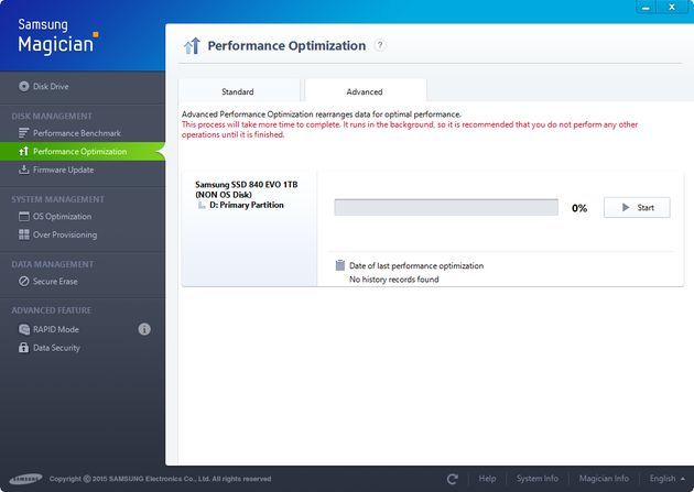 Samsung Magician 4.6 - opcja Advanced Performance Optimization
