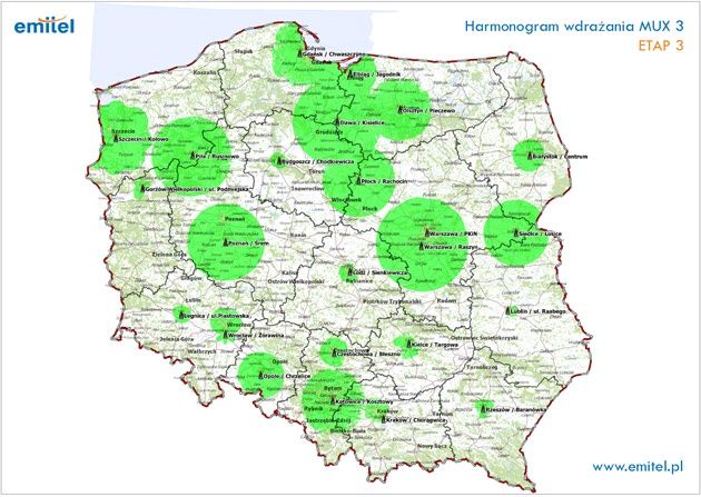 Obecny zasięg multipleksu MUX-3 (stan na 31.07.2011)