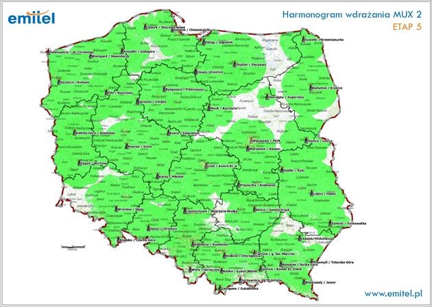 Obecny zasięg multipleksu MUX-2 (stan na 31.12.2011)