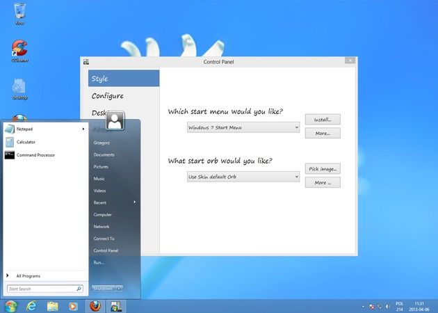 znane z Windows 7 menu start w Windows 8