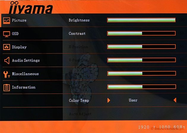 Iiyama ProLite X82776QS menu OSD