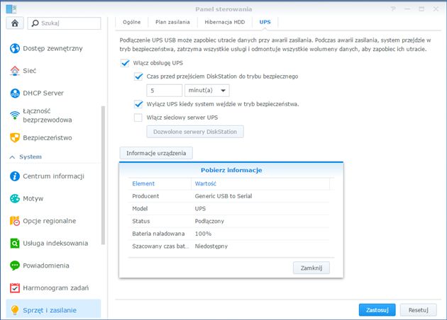 Obsługa UPS-a w Synology