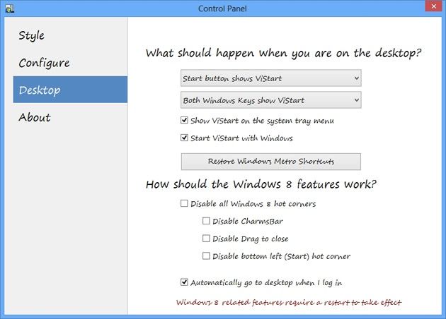 określanie zahowania menu start w Windows 8 z programem ViStart