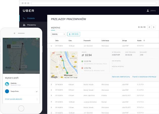 Uber dla Firm interfejs