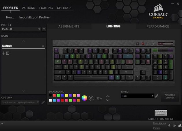 Corsair K70 Rapidfire - ustawienia podświetlenia
