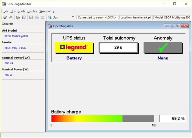 UPS Diag Monitor w trakcie braku zasilania z sieci