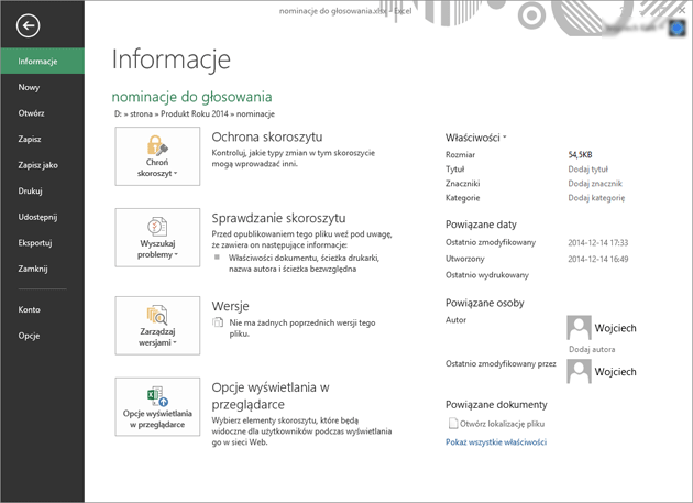 Office 2013 - excel zakładka informacje